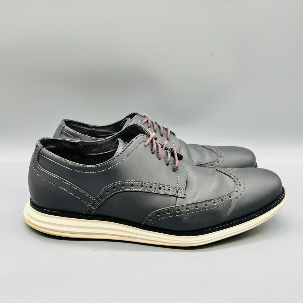 Cole Haan Shoes Mens 10 Gray Leather Grand OS Wingtip Oxford Brogue Dress Casual